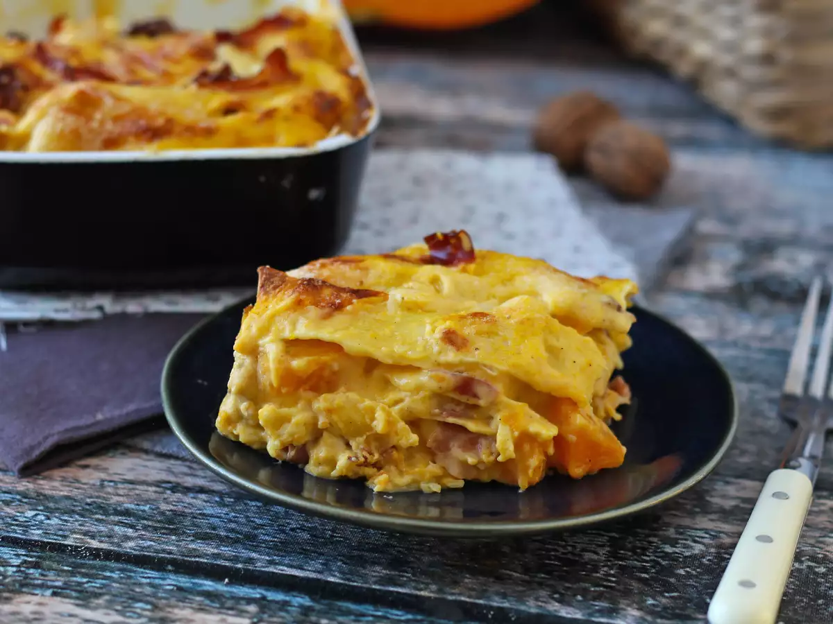 Лазанья с тыквой, шпеком и грецкими орехами — сливочная и хрустящая - фото 4